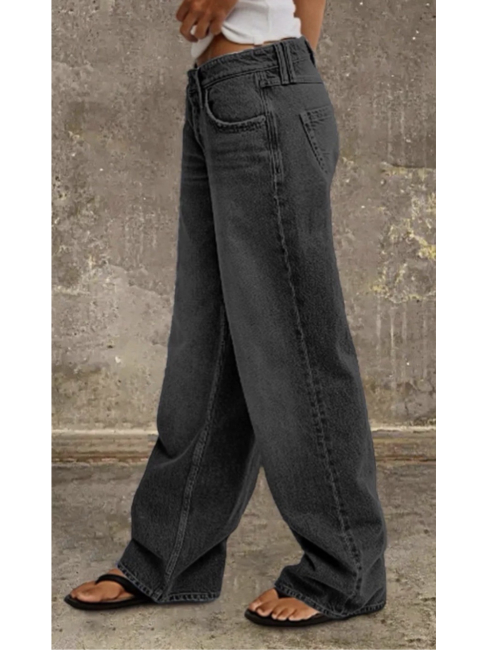 Flamingals Wide Leg Jeans Mid Waist Baggy Stitch Decor Denim Washed 2XL